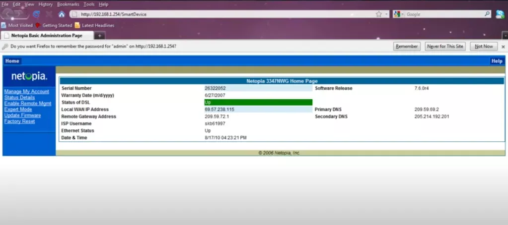 Iniciar sesión Router Netopia 1 Netopia1 1